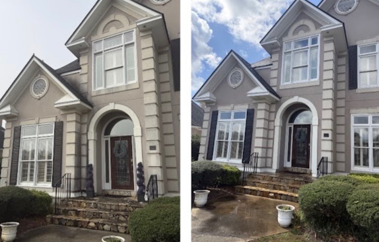 Stone-and-stucco entry, finished. — before and after by Hoffs Exterior Cleaning