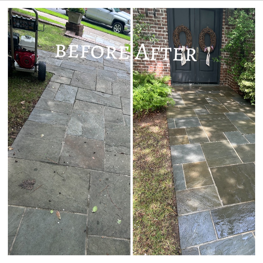 Before and after of a slate walkway pressure washed by Hoffs